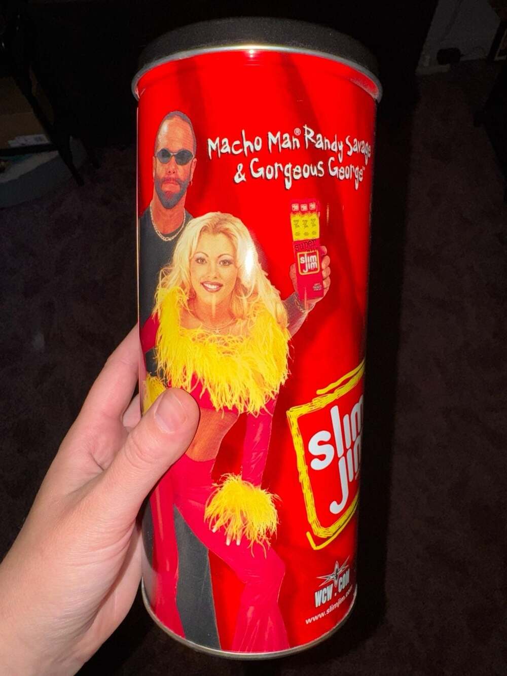 Vintage Slim Jim Tin Can ft.  Macho Man Randy Savage & Gorgeous George WCW